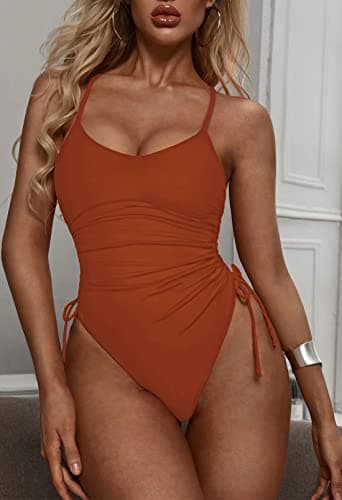 Viottiset Women's Drawstring One Piece Swimsuit Tummy Control Ruched Cheeky Bathing Suit Burnt Orange Large - Image 5