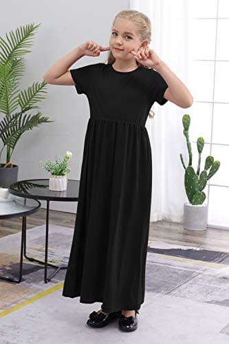 GORLYA Girl's Short Sleeve Floral Print Loose Casual Holiday Long Maxi Dress with Pockets (8Years/Height:130cm, Black Color) - Image 4