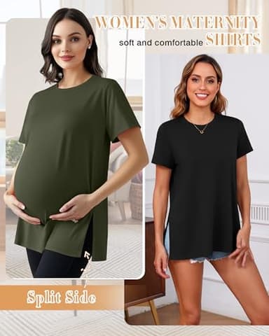 Ficerd 3 Pack Women's Maternity T Shirts, Short Sleeve Side Split Pregnancy Tops Casual Crew Neck Pregnant Tees Mama Clothes(Black, Light Gray, Army Green,X-Large) - Image 2