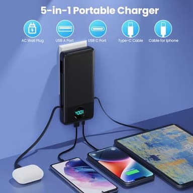 Portable Charger 33800mAh USB C Power Bank with Built-in Cables & AC Wall Plug,25W Fast Charging+QC 4.0 Phone Charger,4 Output LCD Display Battery Pack Compatible with iPhone16/15,Samsung,Android etc - Image 3