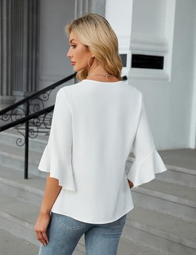Blooming Jelly Womens 3/4 Length Sleeve Tops Summer Dressy Business Casual Blouses Work Shirts Chiffon V Neck Outfits 2025(White,Large) - Image 5