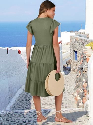 ANRABESS Womens Summer Dress Ruffle Sleeve V Neck Midi Dresses Fashion Casual Fit Flowy Tiered Boho Beach Vacation Sundress Olive-XL - Image 5