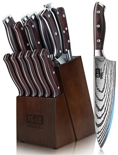 SHAN ZU Knife Set 16 pcs, Japanese Kitchen Knife with Block High Carbon Stainless Steel Ultra Sharp Knife for Kitchen, Professional Chef Knife Set with Sharpener - Image 1