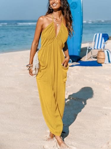 CUPSHE Women's Jumpsuit Halter Sleeveless Pleated Long Romper Knit Jogger Maxi Jumpsuit with Pockets Yellow, XXL - Image 4