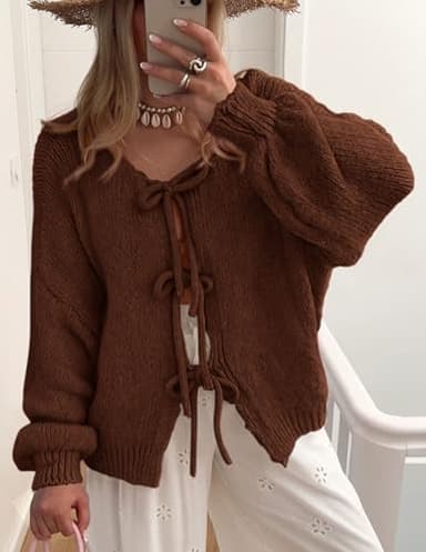 PRETTYGARDEN Women's Tie Front Bow Cardigan Sweaters Chunky Knit Long Puff Sleeve Trendy Fall Winter Jacket Coats (Caramel,Large) - Image 8