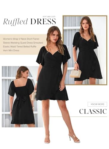 Dokotoo Womens Summer Wrap V Neck Short Flared Sleeve Smocked Elastic Waist Tiered Belted Ruffle Hem Mini Dress Graduation Dress Black M - Image 5