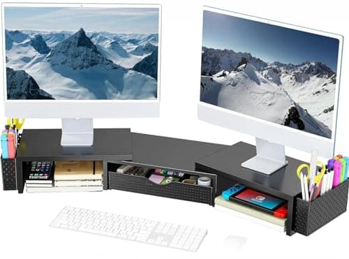 Spacrea Metal Desk Organizers and Accessories, Dual Monitor Stand Riser with Drawer and 2 Pen Holders, Desk Accessories & Workspace Desktop Organizers for Office Supplies (Black) - Image 1