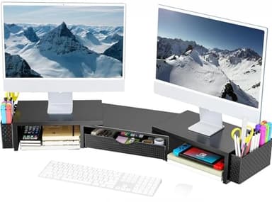 Spacrea Metal Desk Organizers and Accessories, Dual Monitor Stand Riser with Drawer and 2 Pen Holders, Desk Accessories & Workspace Desktop Organizers for Office Supplies (Black) - Image 1