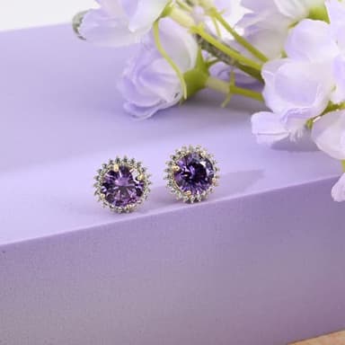 Sparkling Amethyst Earrings Round Purple Stud Earrings Purple Crystal Birthstone Earrings for Women Beautiful Amethyst Jewelry - Image 6