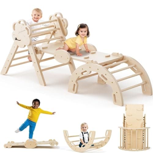 COSYLAND Pikler Triangle Set - 8 in 1 Large Montessori Climbing Toys for Indoor - Wooden Foldable Jungle Gym for Toddler & Baby, CPC/SOR/CE Certified Enjoys Unique Patented Design, Natural - Image 1