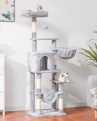 Hey-brother Cat Tree with Large Hammock, Multi-Level Cat Tower for Indoor Cats, Cat Condo with Sisal-Covered Scratching Posts and Top Perch, Light Gray MPJ050W - Image 6