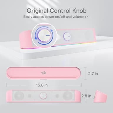Redragon GS560 RGB Desktop Soundbar, 2.0 Channel Computer Speaker with Dynamic Lighting Bar Audio-Light Sync/Display, Touch-Control Backlit with Volume Knob, USB Powered w/ 3.5mm Cable, Pink - Image 6