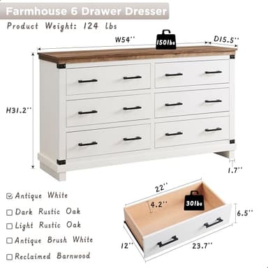 Farmhouse 6 Drawers Dresser for Bedroom, Wood Large Chest of Drawers with Thick Plank Styling, Rustic Closet Dresser for Bedroom or Living Room, Antique White - Image 2