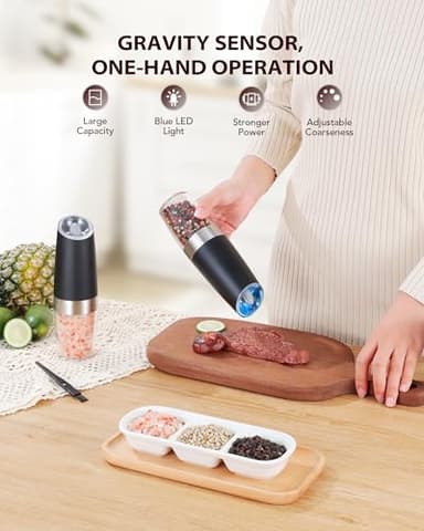 Sangcon Gravity Electric Salt and Pepper Grinder Set Automatic Shakers Mill Grinder with LED Light, BATTERY POWERED Adjustable Coarseness One Hand Operation, Upgraded Larger Capacity - Image 2