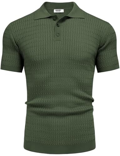 COOFANDY Mens Polo Shirts Short Sleeve Knit Button Down Shirt Stretch Lightweight Resort Wear Army Green - Image 4