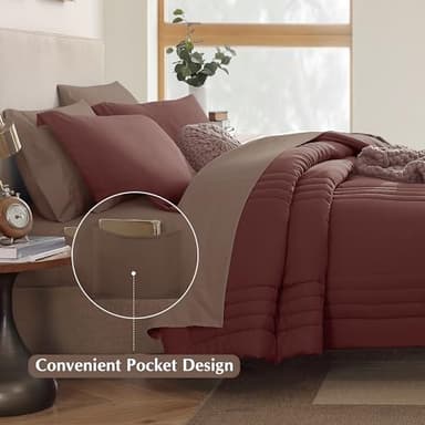 Monbix Full Comforter Set - 7 Pieces Dark Red Bed in a Bag Full Size Bedding Sets with Comforters, All Seasons Down Alternative Comforter with Sheets,Pillowcases & Shams - Image 5