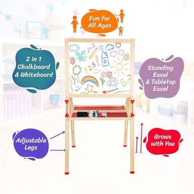 Adjustable Wooden Easel for Kids, Foldable Standing Art Easel for 3, 4, 5, 6, 7, 8 Years Old with Accessories, Drawing Painting Gifts for Boys & Girls Toddlers, Great Presents for Birthday - Image 6