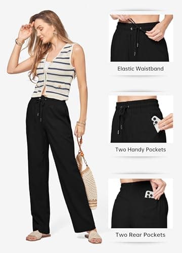 Willit Women Linen Pants Wide Leg Casual Palazzo Pants Cotton Linen Lounge Beach Summer Pants with Pockets 33" Black S - Image 5