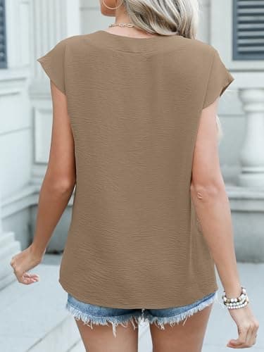 ANRABESS Women Tops Cap Sleeve Textured Dressy Casual V Neck Shirts 2025 Summer Business Work Blouses Outfits Khaki Small - Image 5
