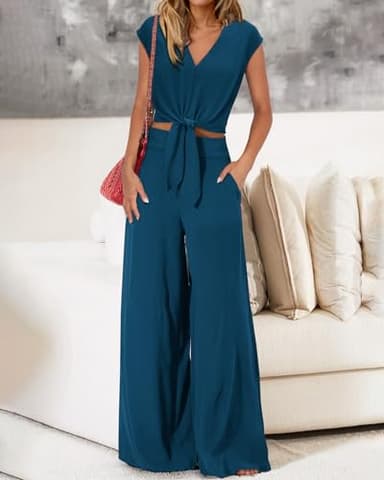 PRETTYGARDEN Two Piece Outfits For Women 2025 V Neck Cap Sleeve Strappy Crop Tops Loose Fit Wide Leg Pants Sets(Solid Teal,Medium) - Image 3