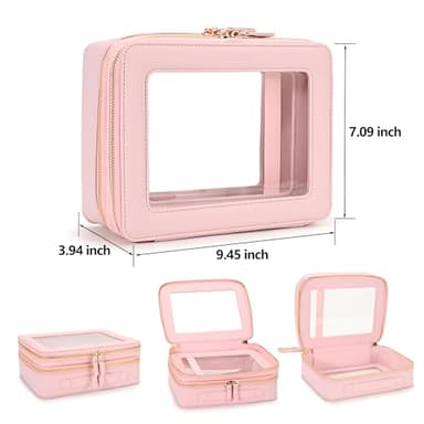 Aveniee XL Clear Makeup Organizer,Double Layer Travel Cosmetic Case with Brush Holder & Zippered Compartments,Big Toiletry Bag for Travel Accessories,2 Layers Large,Pink - Image 2