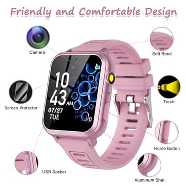 Wiszodet Smart Watch for Kids with 39 Games HD Touch Touchscreen Alarm Clock, Camera Music Player Pedometer Flashlight 12/24 hr Video & Audio Recording, Toys Gift for 3-12 Years Old Girls - Image 4