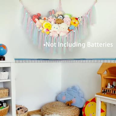 Stuffed Animal Hammock with LED Lights - 59 Inch Large Toy Storage Net for Kids Bedroom, Wall-Mounted Plush Organizer with Wooden Rings, Nursery Decor (Handwoven, Pink) - Image 7