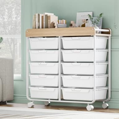 Rolling Storage Cart with 10 Large Drawers, Utility Cart with Wooden TableTop for Craft Organizers, Art Supply Storage, Home Office Organization, Cart with Wheels for Classroom, School, White - Image 2