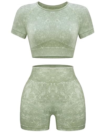 OLCHEE Womens Workout Sets 2 Piece - Seamless Acid Wash Yoga Outfits Leggings Shorts and Crop Top Matching Gym Activewear Athletic Clothing Set - Green Large - Image 1