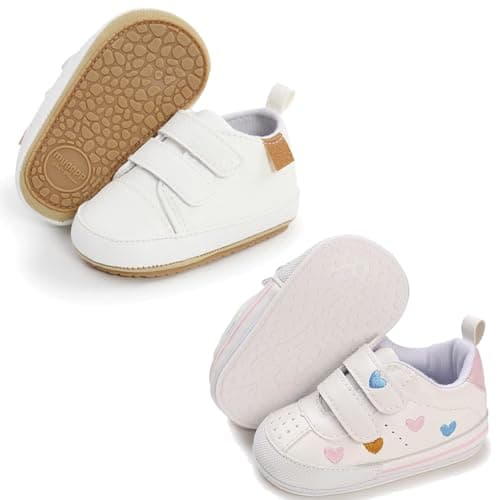 BEIDI Baby Girls Boys Shoes Soft Anti-Slip Sole Newborn First Walkers Star High Top Canvas Denim Unisex Infant Sneaker (G/2Pairs Heart+White,0-6 Months) - Image 1