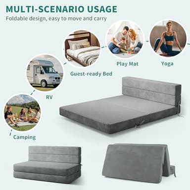 YITAHOME Convertible Folding Sofa Bed, Corduroy Fabric Fold Out Chair Bed, High-Density Memory Foam Floor Futon Couch for Living Room Bedroom Guest Use Apartment, Grey, Queen Size - Image 5