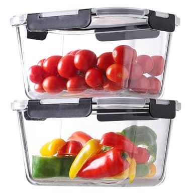 HOMBERKING 4 Pieces 63oz/8cup Large Glass Food Storage Containers with Lids, Meal Prep Containers, Airtight Bento Boxes with Leak Proof Locking (2 Containers + 2 Lids) - Microwave, Oven Safe - Image 1