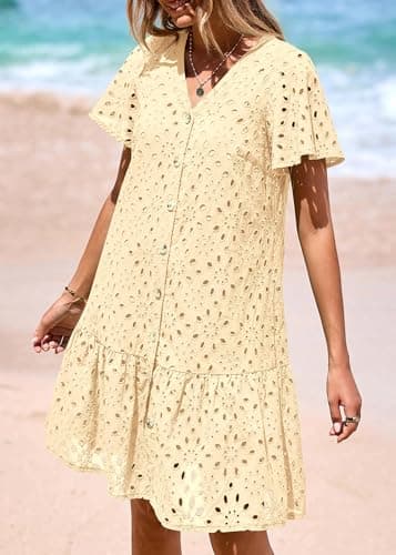 KIRUNDO Summer Dresses for Women 2025 Eyelet Button Down V Neck Short Sleeve Hollow Out A Line Loose Mini Babydoll Dress(Beige, Large) - Image 7