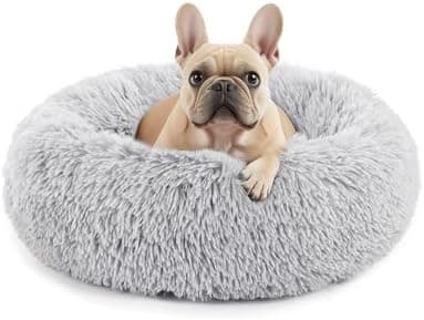 Sweetcrispy Calming Donut Dog & Cat Bed, Machine Washable Cuddle Warming Cozy Fluffy Faux Fur Plush Round Anti-Anxiety Waterproof Anti-Slip Pet Sleeping Sofa for Small Medium Animals, Grey, 20 inches - Image 3