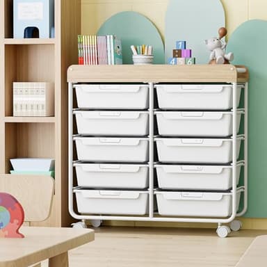 Rolling Storage Cart with 10 Large Drawers, Utility Cart with Wooden TableTop for Craft Organizers, Art Supply Storage, Home Office Organization, Cart with Wheels for Classroom, School, White - Image 8