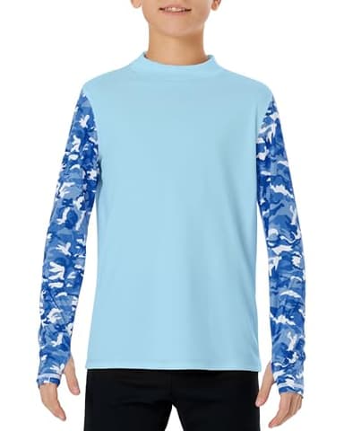 Poekuao Rash Guard for Boys Quick Dry Long Sleeve Swim Shirts UPF 50+ Sun Protection Shirt Kids Fishing Shirts with Thumb Hole Light Blue S - Image 3