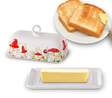 Mushroom Butter Dish With Lid For Countertop Ceramic Butterdish Mushroom Kitchen Decoration Cute Butter Holder Covered Red Mushroom Rabbit Painting Butter Container Large Mantequillera Butter Tray - Image 3