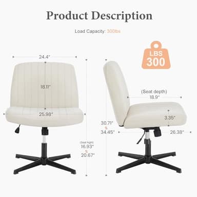 Sweetcrispy Criss Cross Chair Legged, Armless Office Wide Desk Chair No Wheels, Swivel Vanity Height Adjustable Fabric Modern Computer Task Seating for Home - Pearl White - Image 2