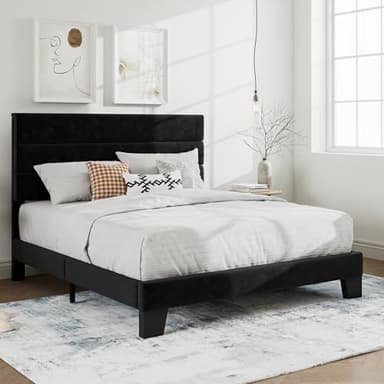 SHA CERLIN Full Platform Bed Frame with Velvet Upholstered Headboard, Mattress Foundation with Strong Wooden Slats Support, No Box Spring Needed, Black - Image 3