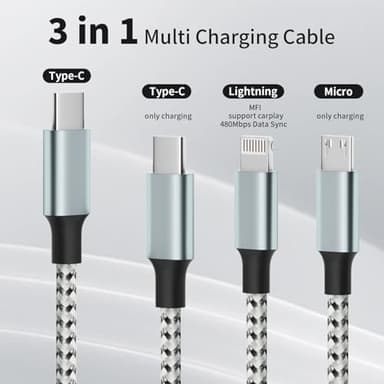 USB C Multi Charging Cable, (2 Pack 4FT), 3 in 1 Charging Cable Nylon Braided Universal Charger Cable with Type-C, Micro USB,IP Port for iPhone16/15 Series/Cell Phones & Pads and Other Devices - Image 3
