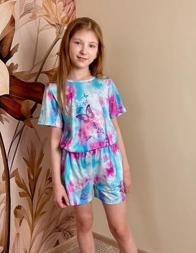 Arshiner Girls Pajamas Set Short Sleeve Pjs Sleepwear 3PCS Summer Lounge Sets Nightwear Blue Tie-Dye 12-13Years - Image 2