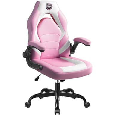 BestGlory Gaming Chair, Leather High-Back Home Office Desk Chair with Flip-Up Arms, Ergonomic Padded Rolling Wheels Swivel Tilt Gamer Computer Chair with Comfy Lumbar Support, Height Adjustable, Pink - Image 1