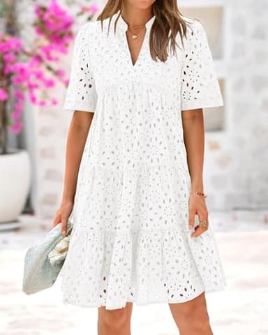 BTFBM Womens Boho Summer Dresses 2025 Resort V Neck Short Sleeve Hollow Out Lace Ruffle Casual Beach Mini Vacation Dress(White, Large) - Image 2
