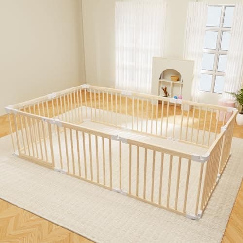 Baby Playpen, Foldable Wooden Play Yard with Gate, Playpen for Babies and Toddlers, Adjustable Baby Activity Center with Child Proof Lock, Fence Play Area for Toddlers 6 to 36 months(56*83*24inch) - Image 1