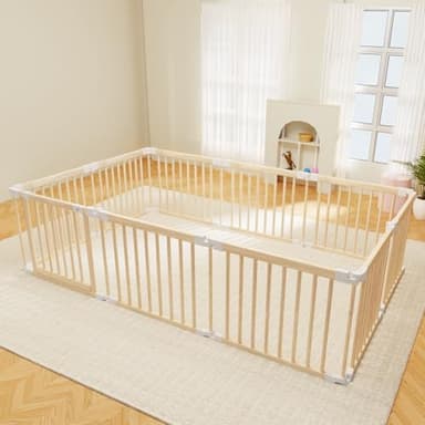 Baby Playpen, Foldable Wooden Play Yard with Gate, Playpen for Babies and Toddlers, Adjustable Baby Activity Center with Child Proof Lock, Fence Play Area for Toddlers 6 to 36 months(56*83*24inch) - Image 1