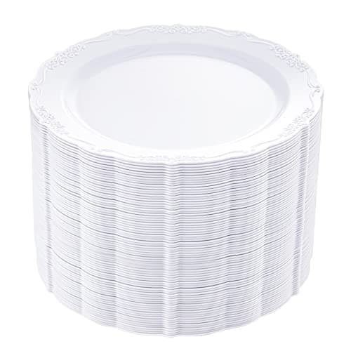 DaYammi 60PCS White Plastic Plates, Heavy Duty White Disposable Plates Premium 10inch Dinner Plates Hard Plastic Plates Disposable for Party Wedding Bridal Shower - Image 1