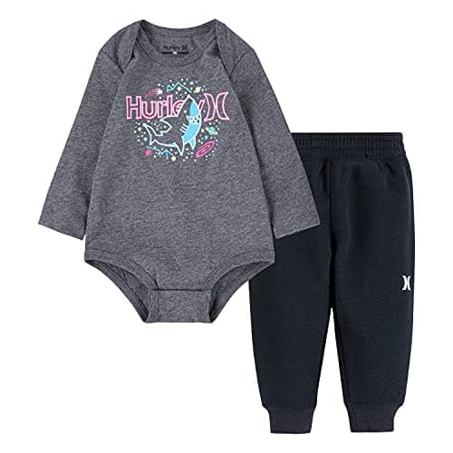Hurley Baby Boys' Long Sleeve Bodysuit and Jogger Pants 2-Piece Outfit Set, Charcoal Shark Stars, 6M - Image 1