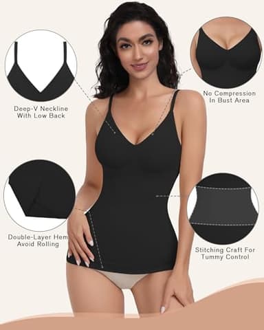 EUYZOU Womens 3PK Tummy Control Shapewear Tank Tops Seamless V-Neck Compression Tank Tops Body Shaper Camisole, Black/White/Nude M - Image 2