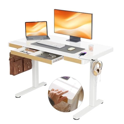 Claiks Touch Screen Glass Standing Desk with Drawers and USB Ports, 48×24 Inch Adjustable Stand Up Desk, Quick Install Home Office Glass Top Computer Desks, White - Image 1