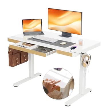 Claiks Touch Screen Glass Standing Desk with Drawers and USB Ports, 48×24 Inch Adjustable Stand Up Desk, Quick Install Home Office Glass Top Computer Desks, White - Image 1